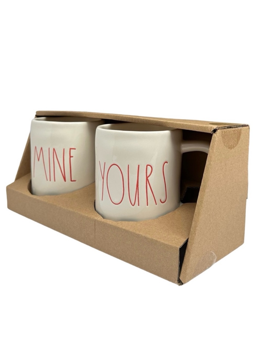 Rae Dunn MINE YOURS Mug Set Ceramic Coffee Tea Red Large Letters NWT NIB OG 2017